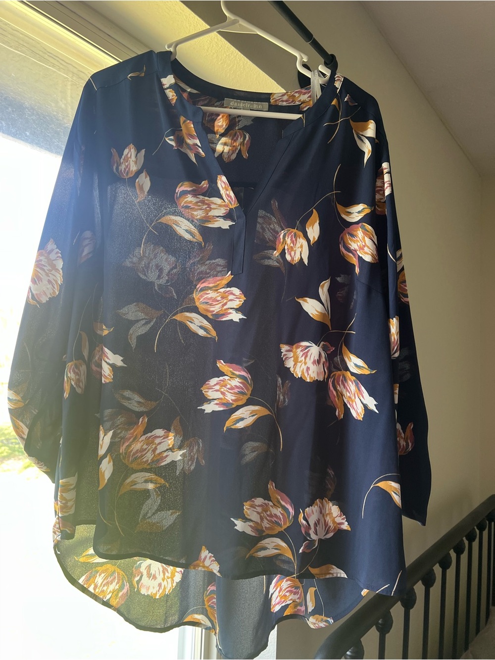 Daniel Rainn Navy Floral Split-Neck Blouse